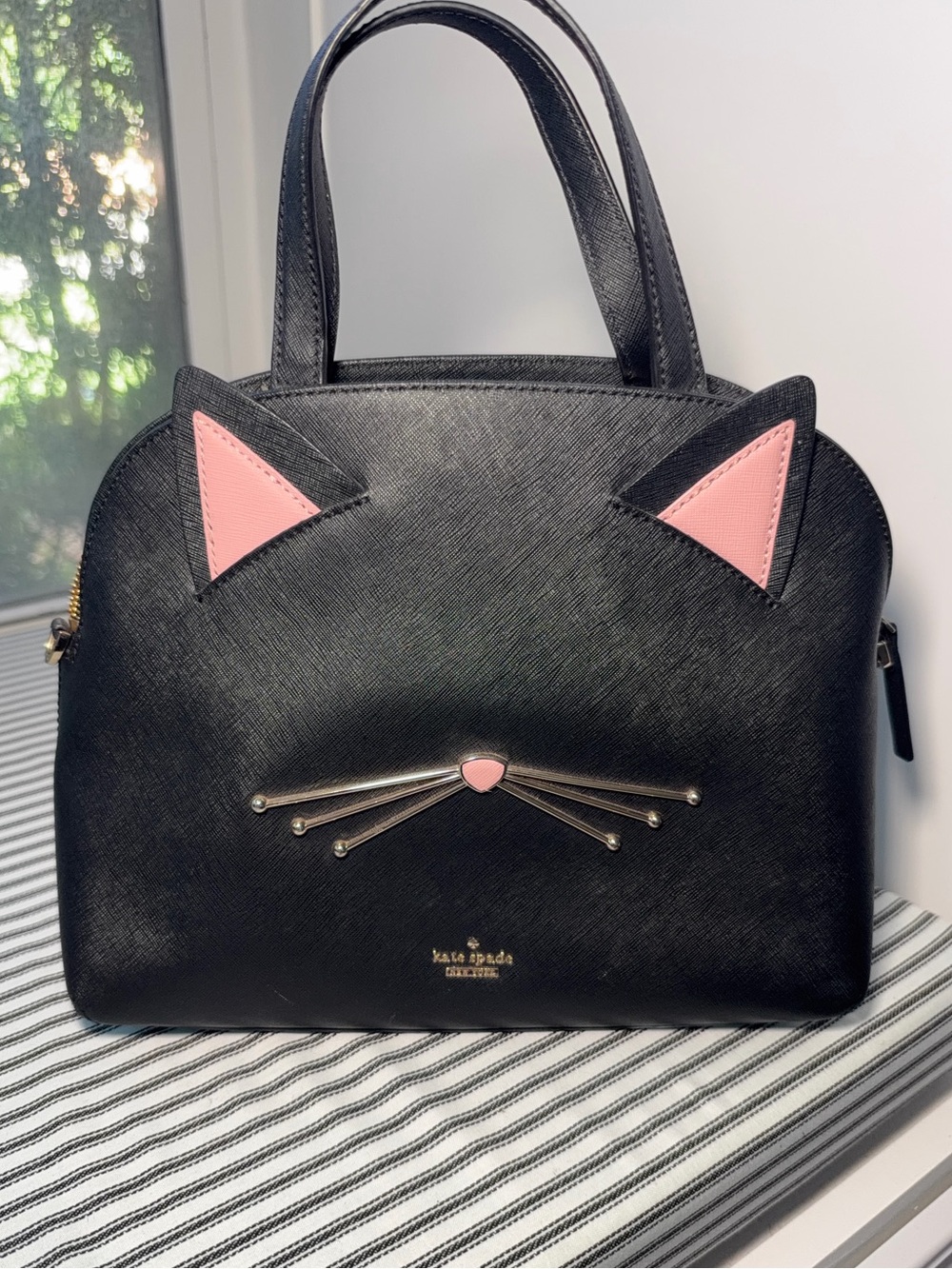kate spade Black & Pink Cat Dome Satchel with Gold Whisker Accents